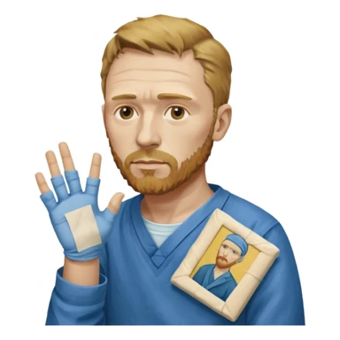 van gogh paints on a canvas. On his right he has a bandage sticker