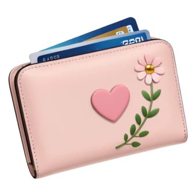 Pale Pink cute Wallet with heart charm, credit cards inside and flowers growing from it, clean aesthetic sticker