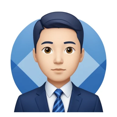 confident Korean businessman emoji, navy suit, blue tie, modern blue and white geometric stripes in background, expressing digital innovation and professionalism sticker