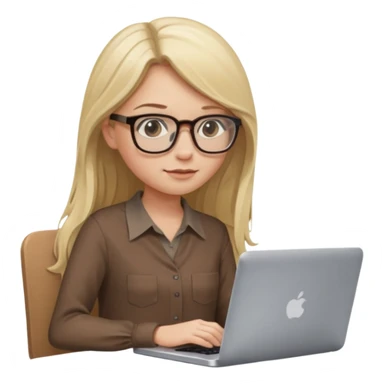 Girl in glasses, blonde long hair, sitting, brown blouse, typing on gray MacBook sticker