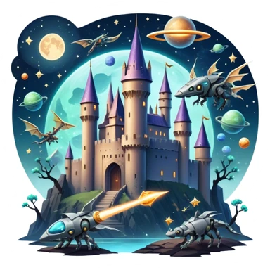 Icon for Fantasy and Sci-Fi Movies: A magical collage with flying dragons. futuristic spaceships and UFOs. Stars and planets shimmer in the background with a mystical castle Hogvards an ancient wizard and robots. The atmosphere is epic, otherworldly and adventurous. Transparent background. sticker