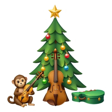 A cute, minimal emoji-style Christmas tree with a bright green triangular shape, decorated with a simple glowing light garland and round colorful baubles, a wooden violin replacing the trunk, and a small playful monkey sitting at the very top carefully placing a golden Christmas star sticker