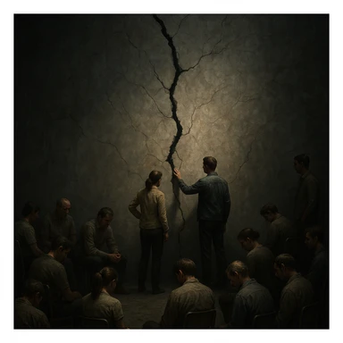 A group of people standing in front of a large visible problem such as a cracked wall, a polluted environment, or a massive locked gate symbolizing limitation or illness. Most people sit idly, distracted or indifferent, while only two individuals step forward trying to fix or understand the issue. Lighting highlights the two proactive people, while the rest are in muted tones. Conceptual, symbolic, emotionally charged, cinematic composition with strong contrast between action and apathy, hyperrealistic 4K. sticker