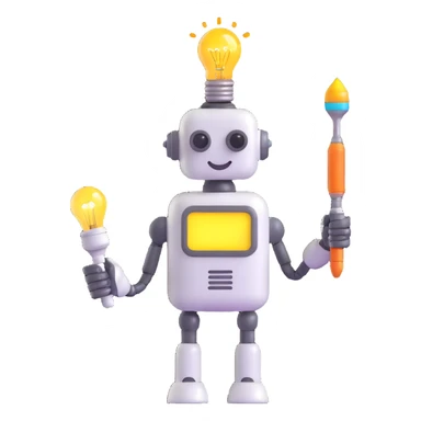 playful smiling robot holding a paintbrush with a glowing lightbulb above its head, indicating AI-assisted creation sticker