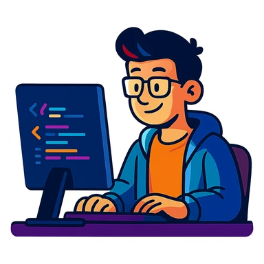 programmer sitting in front of computer, focused on coding, modern cartoon style, bright colors, simple background sticker