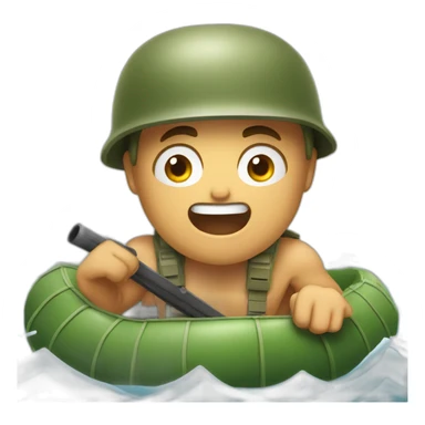 Yelling army soldier shirtless in a raft sticker