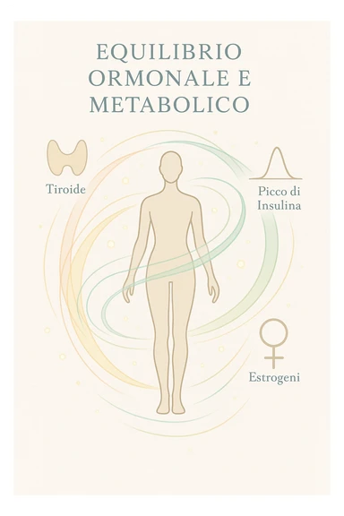Il corpo è circondato da simboli delicati e bilanciati che rappresentano equilibrio ormonale e metabolico: piccoli cerchi, flussi energetici colorati, simboli stilizzati di tiroide, picco insulina, estrogeni. 4k immagine in italiano sticker