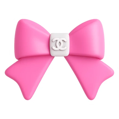 Make the Chanel logo small and white on the pink and white bow, keep it glossy, elegant, 3D emoji style, with no background. The style should resemble a 3D emoji with a glossy and elegant finish. sticker