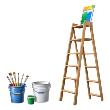 Wall painting icon, wall with an unfinished painting, no frame, a beautiful mural in progress, visible paintbrushes, rollers, and a bucket of paint, wooden ladder beside, minimalistic style, clean lines, transparent background. sticker