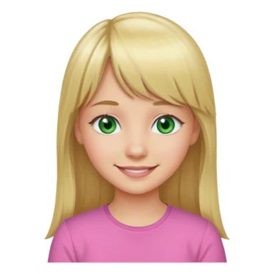 Menina branca de cabelo loiro longo de franja na testa sorrindo blusa rosa olho verde sticker