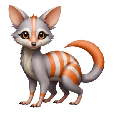 Minccino-Opossum-Trico-Numbat-Lykoi-Sphynx-Zangoose-fusion-hybrid-animal-Fakémon-creature, full body, thin long sleek scaly tail, intricate markings sticker