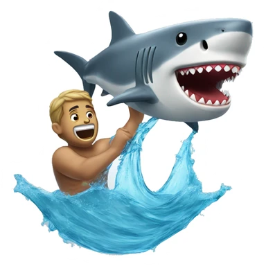 man holding a shark with a rope around its mouth and jumping out of water with it sticker