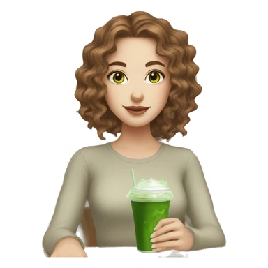 White girl with brown wavy hair drinking iced matcha latte with green eyes sticker