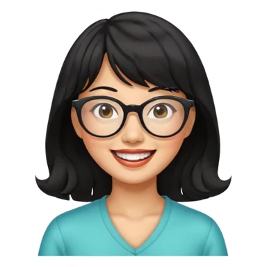 40 yr old asian woman wavy black hair bangs big glasses big smile tanned skin sticker