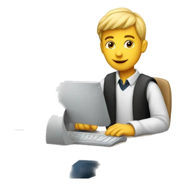 European schoolboy working at computer sticker