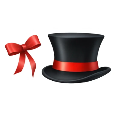 A black top hat displaying a red ribbon around the base. The ribbon forms a visible bow at the front, with the ends falling slightly over  sticker