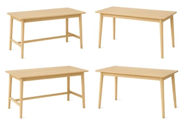 Create multiple variations of a rectangle wooden table with light wood in Scandinavian style, no background, highlighting simplicity, functionality, and natural elements. sticker