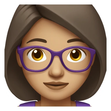 A 22-year-old woman with fair skin, dark brown hair, and glasses with purple frames, working on a compute sticker
