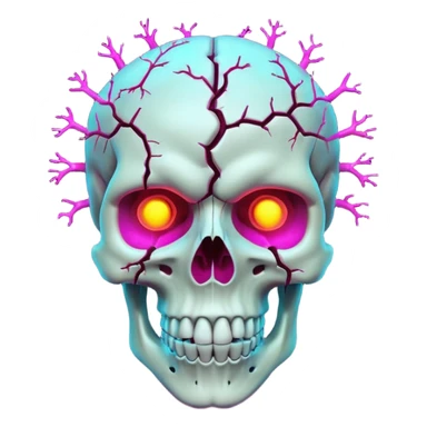3D skull with cracked open brain glowing neon inside, dark phonk vibe, intense attitude sticker