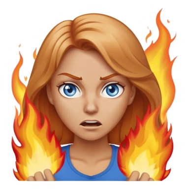 white woman with below shoulder length strawberry blond hair and blue eyes angrily setting fires sticker