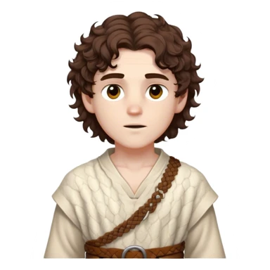 Medieval spring outfit worn by a DnD themed fantasy male character. Natural undyed wool tunic with subtle honeycomb pattern weaving, secured by a braided leather belt with bone toggles. Clothes only above the waist, full waist coverage. The character has no arms. Character is white-skinned with rich brown hair, amber eyes, and short curly hair with a slight windswept look. sticker