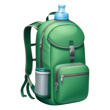 Icon for Ecotourism: a lightweight hiking backpack with a reusable water bottle, placed against a backdrop of lush green nature, with trees and a scenic trail. The icon should represent eco-friendly travel and the beauty of the outdoors. Transparent background. sticker