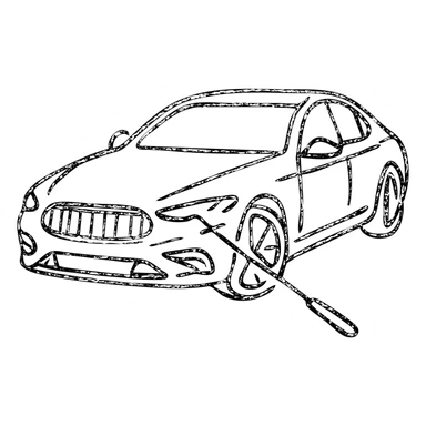 hand-drawn outlined icon of a high-end car with a rod tool touching a dent, matte black, fine silver lines, minimal sticker