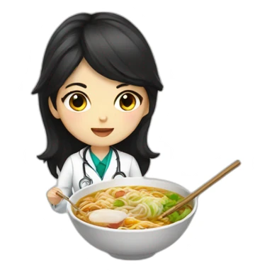 doctor girl with dark hair eating ramen bowl sticker