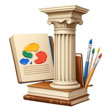 An icon featuring a paint palette, a sculpture, and a book, symbolizing the study of culture and art. The design includes a classical column and a canvas, representing art history and cultural exploration. Transparent background highlights the connection between creativity and history. sticker