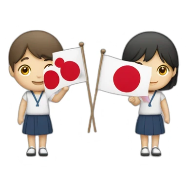 boy and girl holding Japanese flag sticker