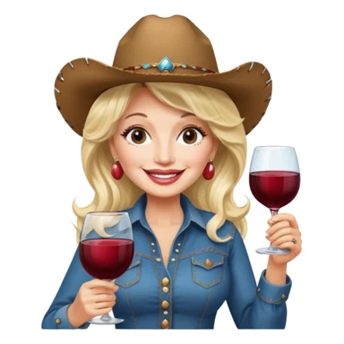 Dolly Parton with a huge glass of wine on a bachelorette trip and a cowboy hat sticker