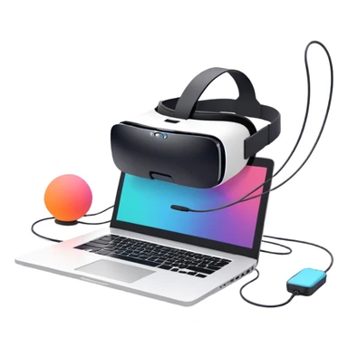 VR headset lying next to a laptop, connected by wires. On the laptop screen, a VR/AR modeling program is open. Floating 3D models or virtual objects. Modern, tech-inspired colors. No emojis or smiley faces. Transparent background sticker