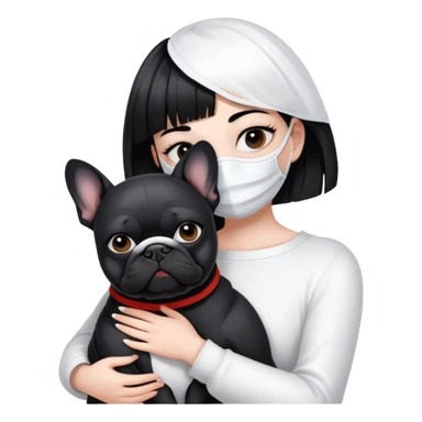 girl with short black straight bangs hair wearing a white mask and hugging a black French bulldog sticker