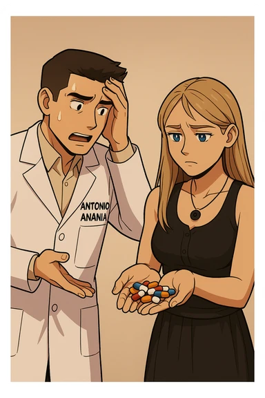 fai un webtoon/manga a colori con questo kinesiologo in camice bianco (fagli la scritta "ANTONIO ANANIA" SUL CAMICE) CHE PARLA CON QUESTA RAGAZZA CON GLI OCCHI AZZURRI. LA RAGAZZA HA UN PUGNO DI INTEGRATORI IN MANO (TANTE PILLOLE DIVERSE) E LE GUARDA DUBBIOSA. IL KINESIOLOGO CON IL CAMICE BIANCO SI TIENE UNA MANO SULLA FRONTE SCONFORTATO MENTRE LE DICE CHE STA SBAGLIANDO A PRENDERE TUTTI QUEGLI INTEGRATORI. NON FARE I FUMETTI, FAI SOLO LORO COME SE DIALOGASSERO sticker