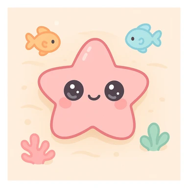 starfish on sandy beach, top-down view, extremely cute underwater cartoon creature with a big round head, huge sparkling eyes, small smiling mouth, and pink shiny skin, rosy cheeks, soft pastel colors, plastic toy-like texture, chibi style, surrounded by colorful fish and coral, gentle lighting, 3D-rendered, high detail, kawaii aesthetic sticker