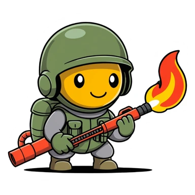 worm from Worms game wearing an army helmet and holding a flamethrower sticker