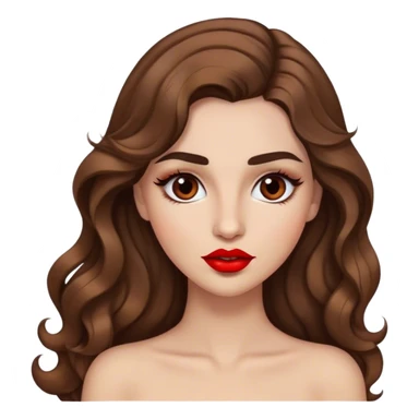 Light brown woman with long wavy hair, dark brown arched eyebrows, full lashes, red lips sticker