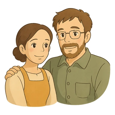 ghibli style illustration of two parents, warm and gentle sticker