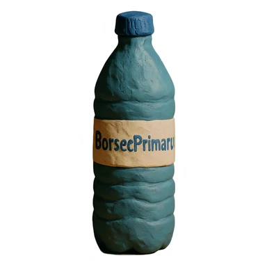 claymation style bottle of water with a label that says 'BorsecPrimaru' sticker