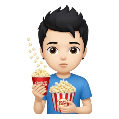 generate a pretty fair bratz boy with a blue tshirt on. eating popcorn. messy black hair sticker