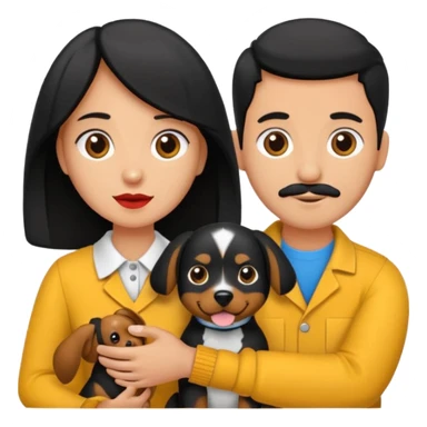 Pareja hombre y mujer, pelo negro ambos, y con dos perritos pincher en sus brazos sticker