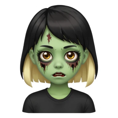 Girl with black hair and raccoon blonde streaks, bangs, light skin, zombie version, pale green skin, emoji style. sticker