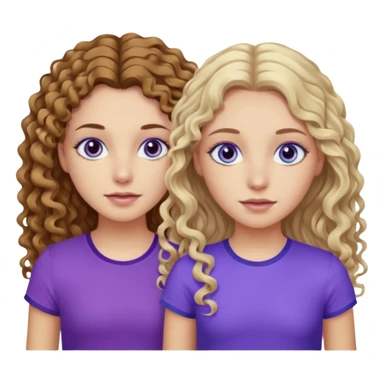 Twin sisters, one has brown eyes, long curly brown hair, the other one has blue eyes and straight blond hair purple top sticker