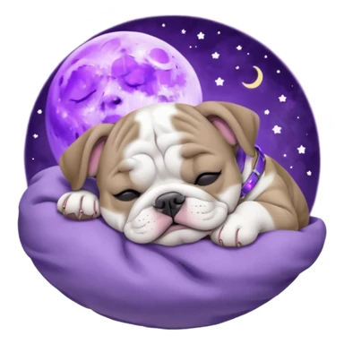 purple moon with a sleeping grey bull dog puppy with a purple collar sticker