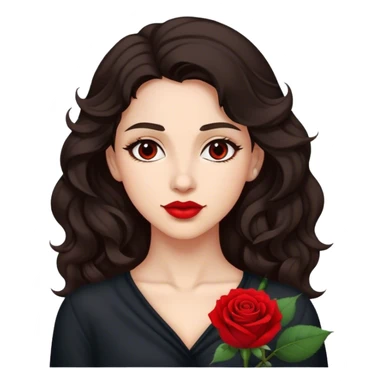 A woman with dark wavy hair, a single red rose behind one ear, and a confident gaze sticker