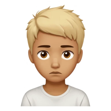 caramel skin color. Teen age. Short buzz, messy blonde hair, dark brown bushy eyebrows large expressive golden-brown eyes, brown skin color, scar over nose, wearing a plain white t-shirt. Disappointed thinking facial expression. caramel skin color sticker