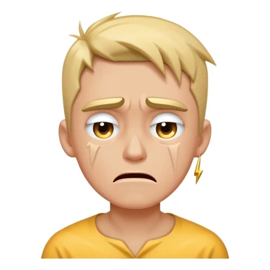 Generate a crying face with a standing “bolt” sticker