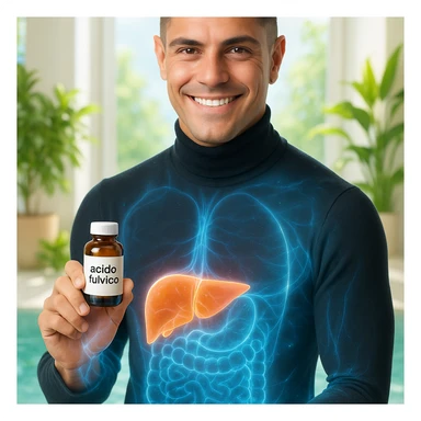 Uomo con il volto del riferimento, tiene una boccetta 'acido fulvico', energia traslucida visibile su pelle e fegato, ambiente luminoso con piante e acqua, stile wellness, testo in italiano. sticker