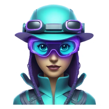 Secret humanoid agent in a futuristic hat with in Apple VR goggles headset code display on the goggles , cyberpunk, cyan and purple colors, only upper body portrait, front facing the camera  sticker