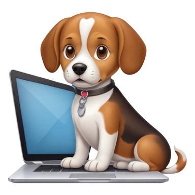 a beagle dog behind a laptop typing on it sticker